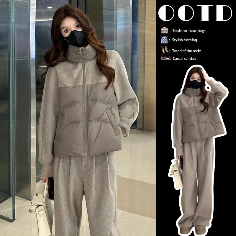 高级感休闲套装女2024年秋冬季新款立领棉服外套显瘦阔腿裤两件套
