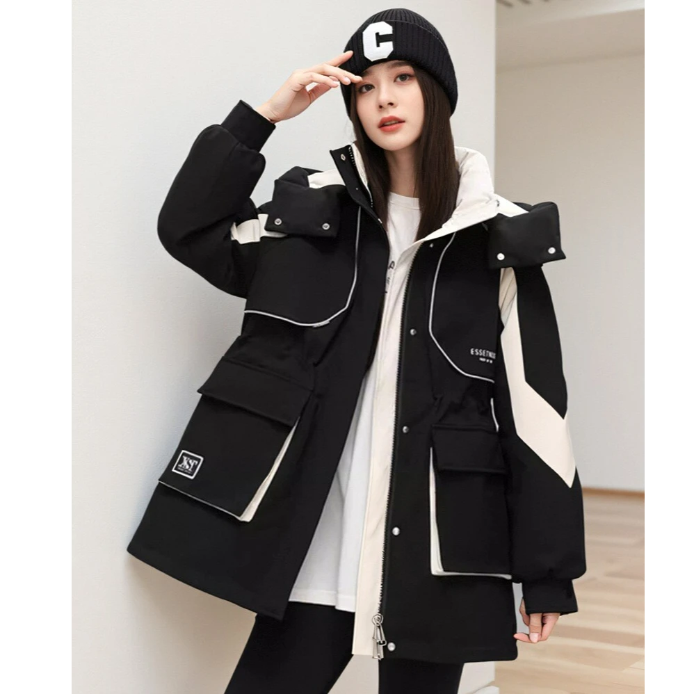 保暖加厚棉服女2025冬季新款韩版中长款时尚宽松收腰修身连帽外套