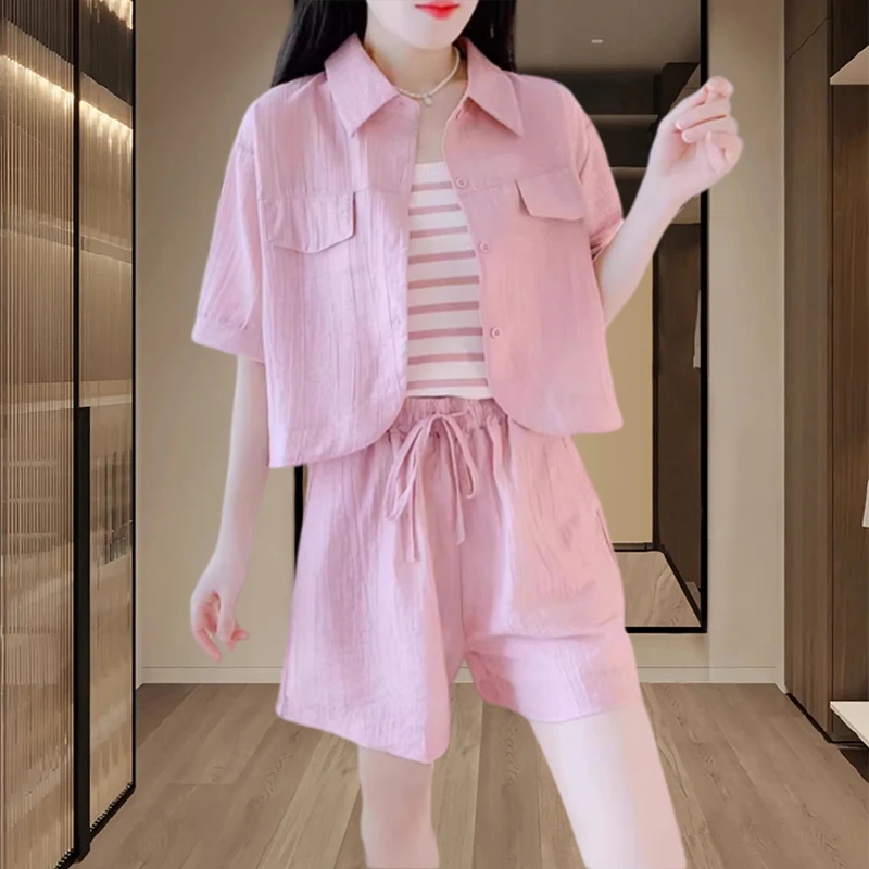 短裤套装女夏季新款小个子休闲时尚洋气设计感防晒衣吊带三件套潮
