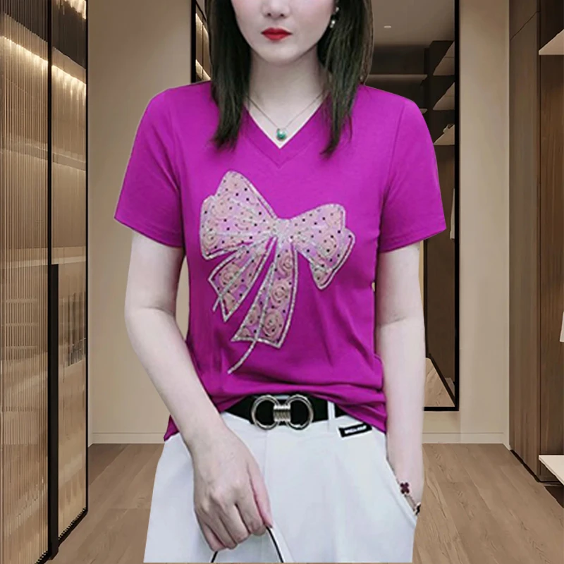 短袖T恤女2025夏季新款洋气时尚纯色显瘦烫钻蝴蝶结V领休闲女上衣