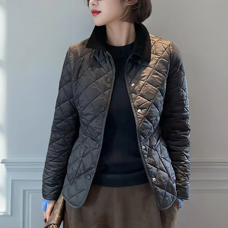 2024秋冬新款经典菱格服外套女士百搭拼接灯芯绒拼接领小个子上衣