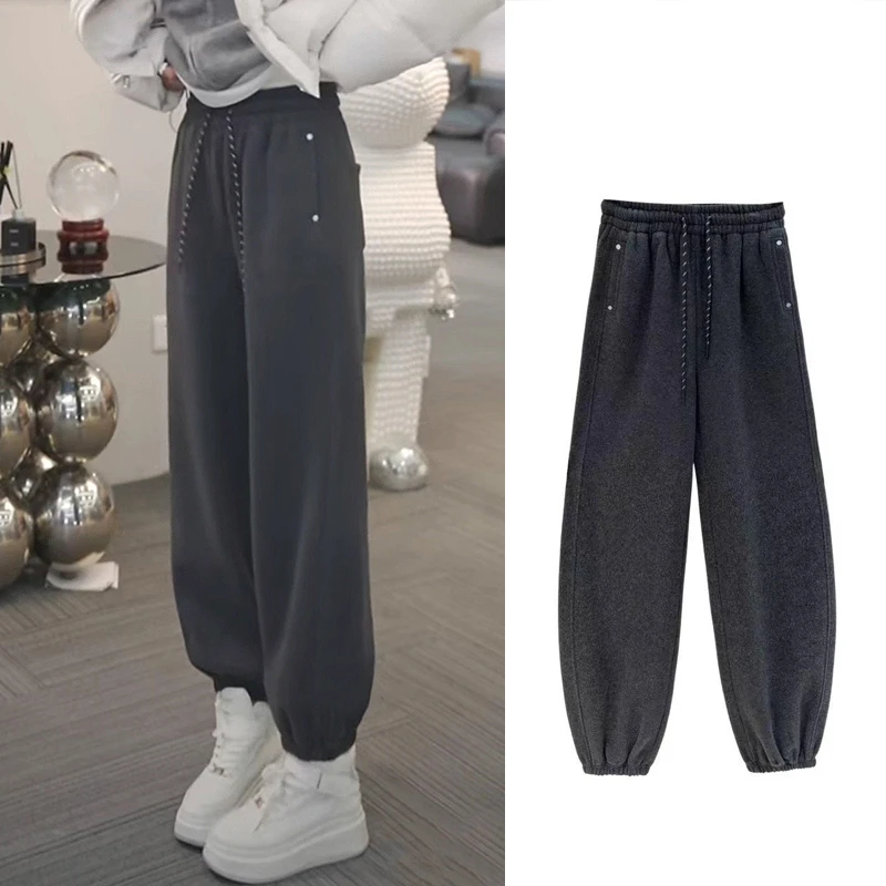 高腰宽松加绒休闲裤女士2024年秋冬季新款百搭裤子洋气显瘦束脚裤