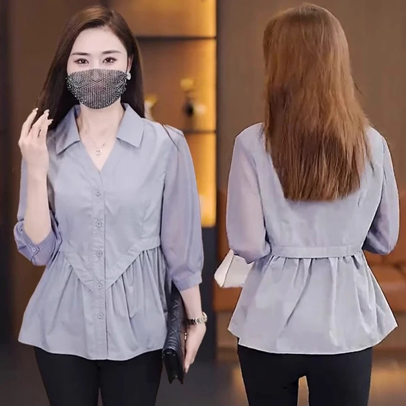 遮肚子七分袖上衣翻领法式衬衫女夏季2024年新款收腰别致漂亮小衫