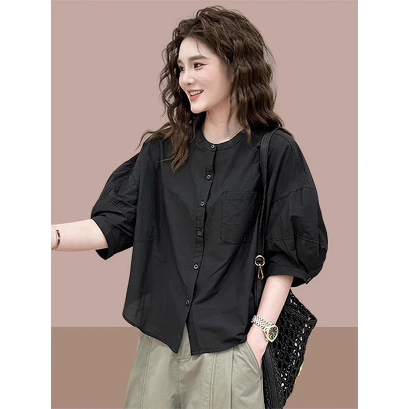 法式薄款短袖衬衫女夏款2025新款泡泡袖时尚洋气宽松大码显瘦上衣