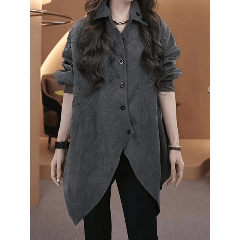 2025年春秋季新款韩版小个子时尚休闲百搭衬衫不规则衬衣女装上衣