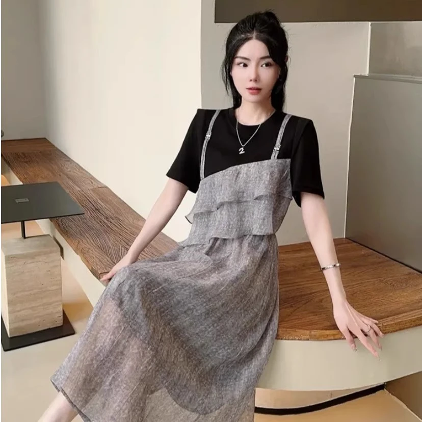 2025夏季新款假两件连衣裙女装韩版轻奢小众高级感宽松气质中长裙