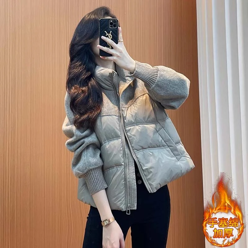灰色短款棉服女士2024年秋冬季新款加厚保暖高端立领拼接棉衣外套