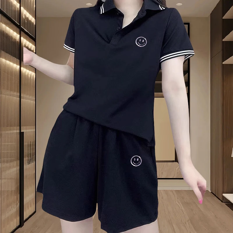 运动服套装女士2025夏季新款休闲百搭两短袖短裤洋气时髦大码件套