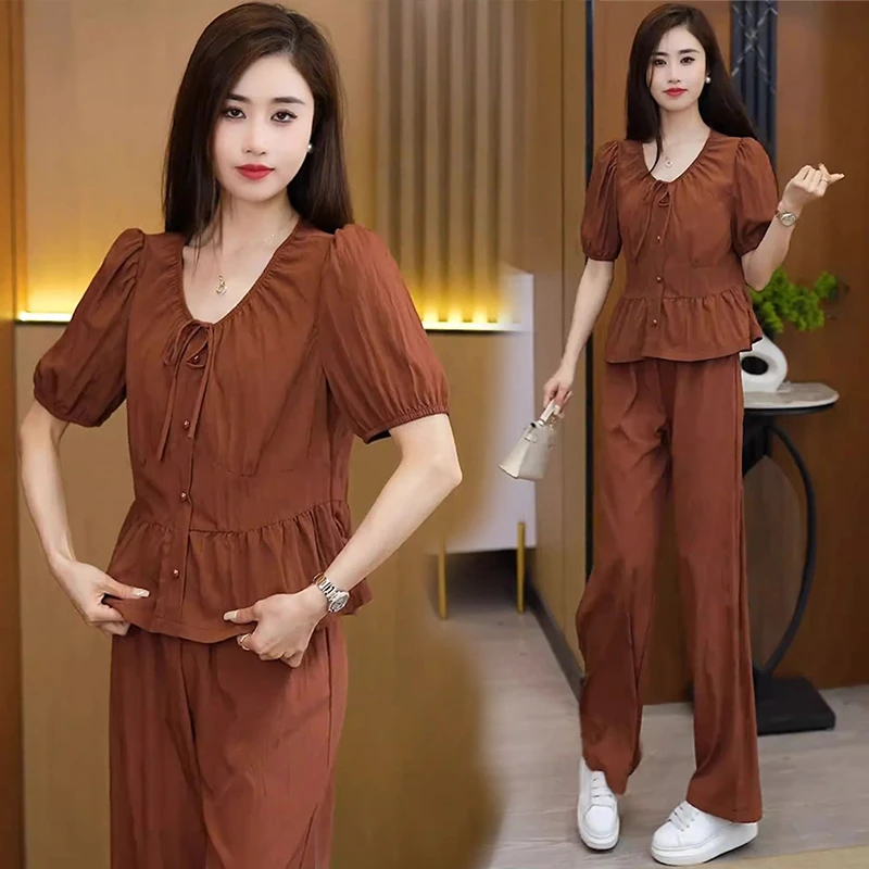 时尚休闲套装女士2025夏装新款洋气显瘦时髦减龄短袖阔腿裤两件套