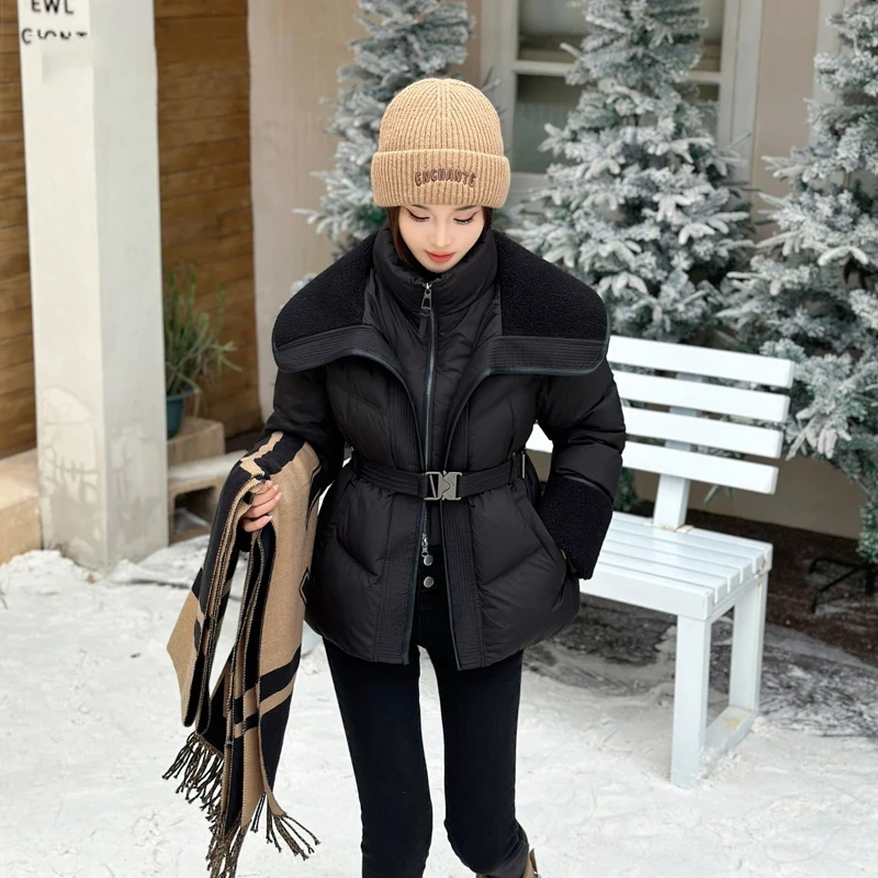 欧洲站海军领腰带保暖棉服女2024年秋冬季新款夹绵加厚显瘦外套潮