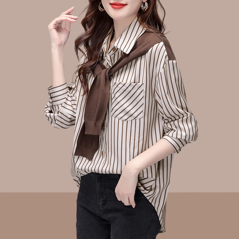 假两件条纹衬衫女2025春秋新款韩版撞色设计感小众显瘦长袖女上衣