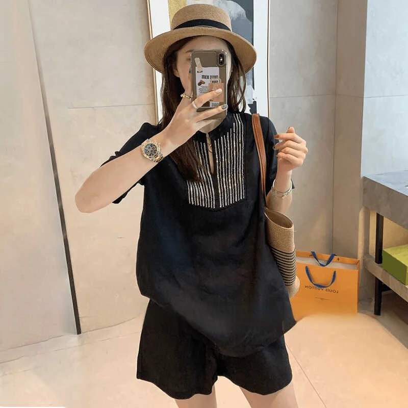 时尚套装女夏季宽松大码洋气减龄气质高端短袖百搭衬衫短裤两件套