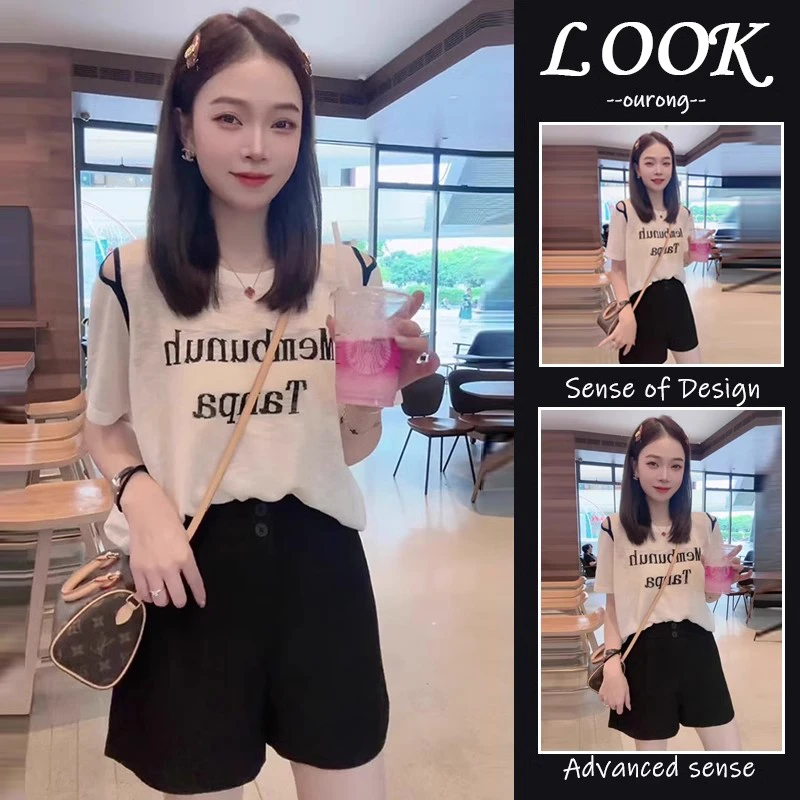 薄款冰丝镂空短袖针织衫女2025新款夏季洋气宽松百搭露肩T恤上衣