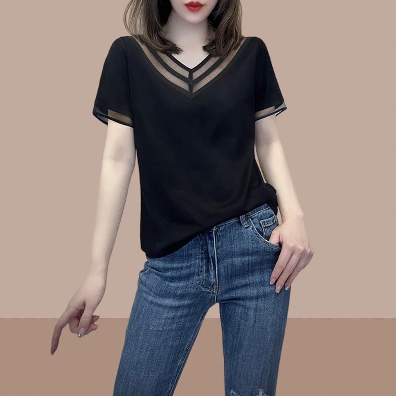 欧货复古黑色拼接网纱v领短袖T恤女夏季新款洋气减龄宽松显瘦上衣