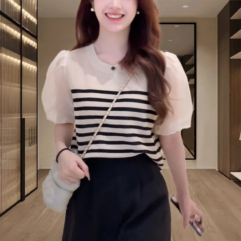 法式短袖t恤女小个子爆款2025新款夏季薄款气质泡泡袖百搭上衣服