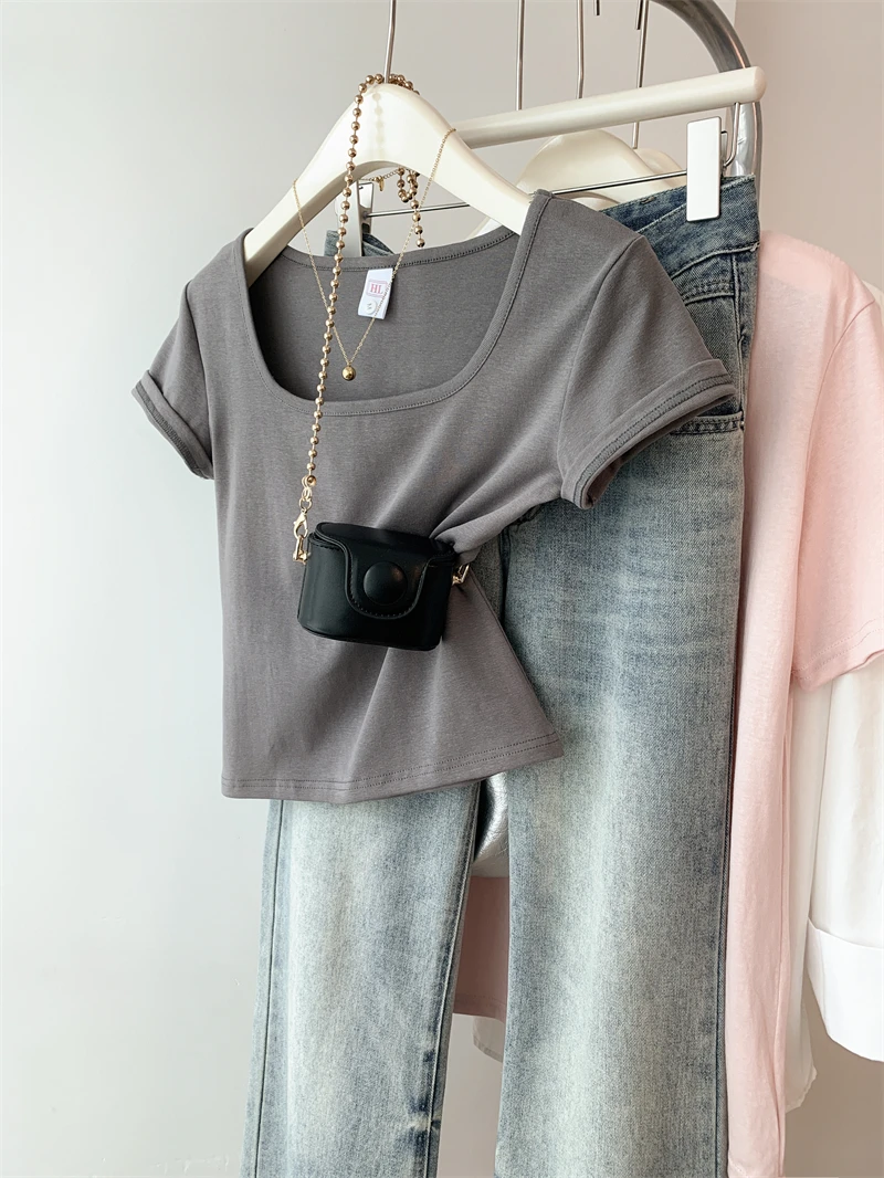 纯色正肩紧身掐腰方领短袖t恤女夏爆款显瘦露锁骨小个子短款上衣