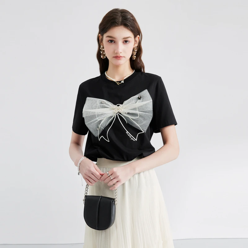 秋水伊人设计感直筒正肩印花T恤2024年夏季新款女显瘦小个子上衣