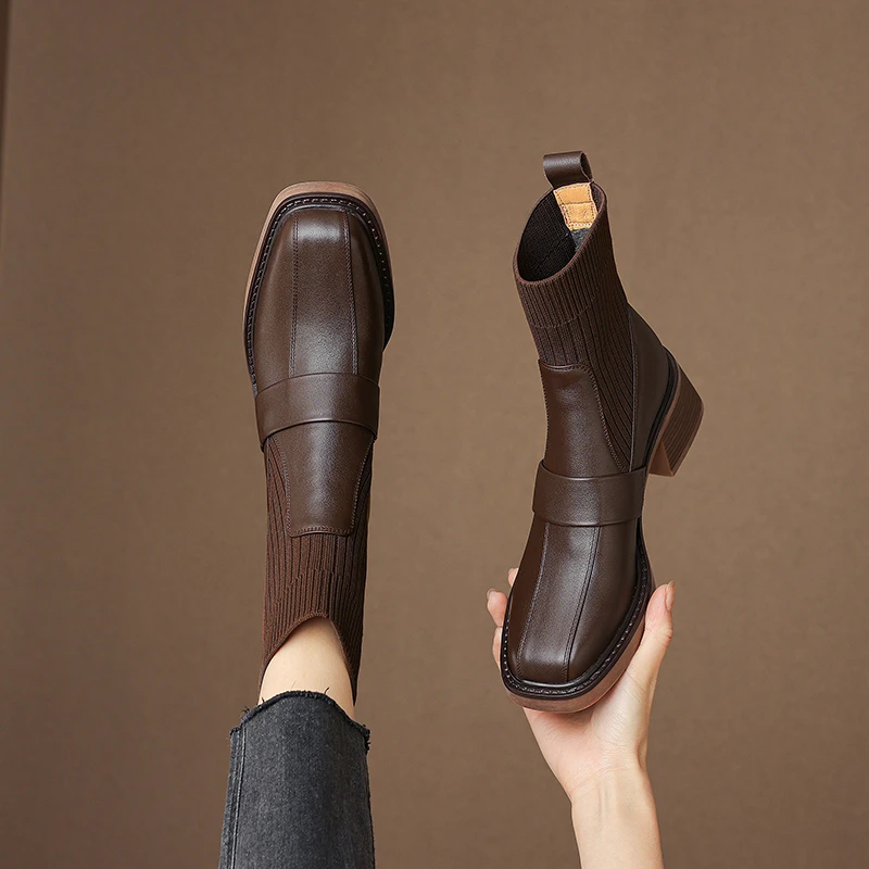 M001【LMY 手工88】 双十一 牛皮手工靴针织英伦风方头弹力靴女短靴