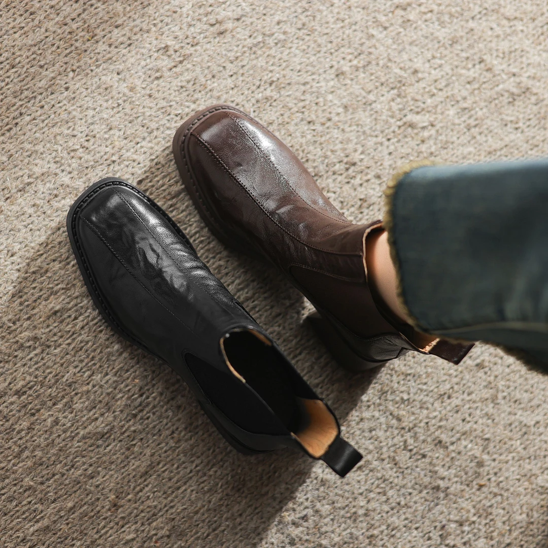 M006【小杰】牛皮手工靴英伦风方头弹力靴短靴