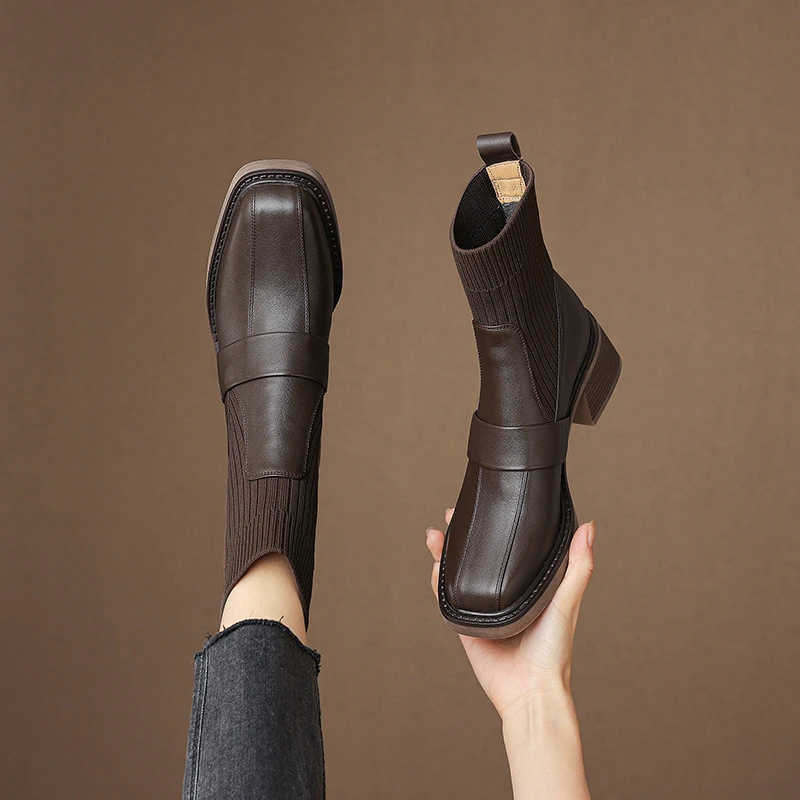 M001【双11女鞋】牛皮手工靴针织英伦风方头弹力靴女短靴