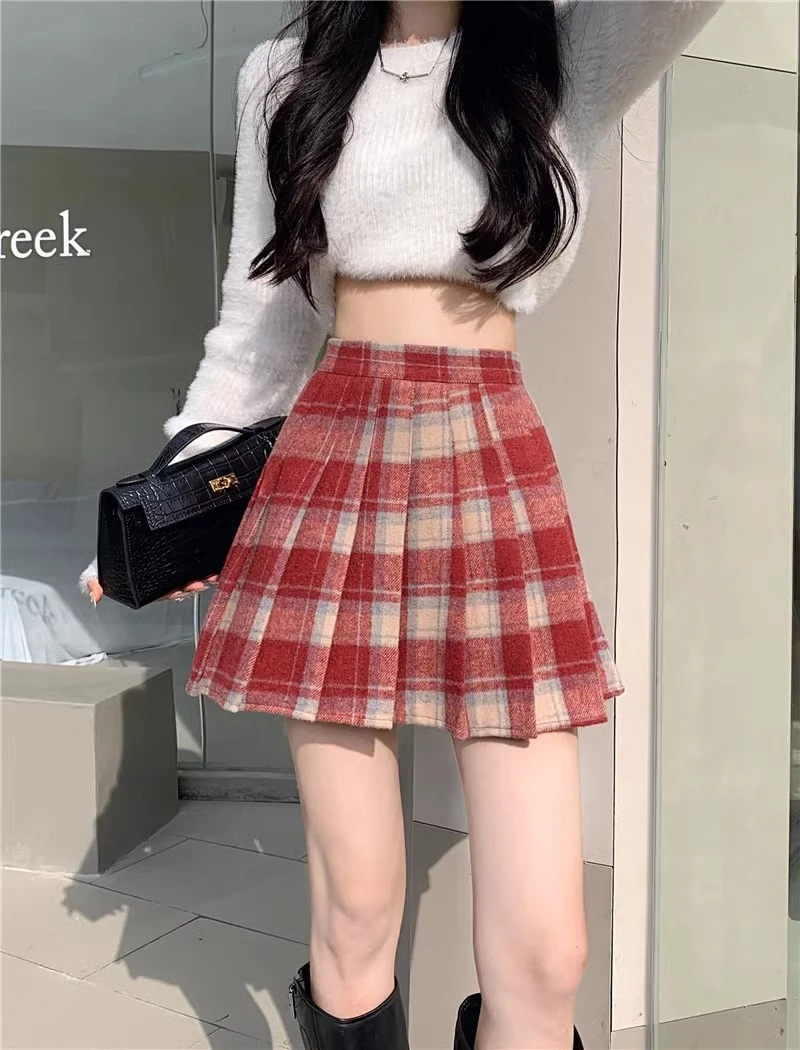 大码格纹毛呢百褶裙秋冬新款复古格子高腰显瘦短裙a字半身裙胖mm