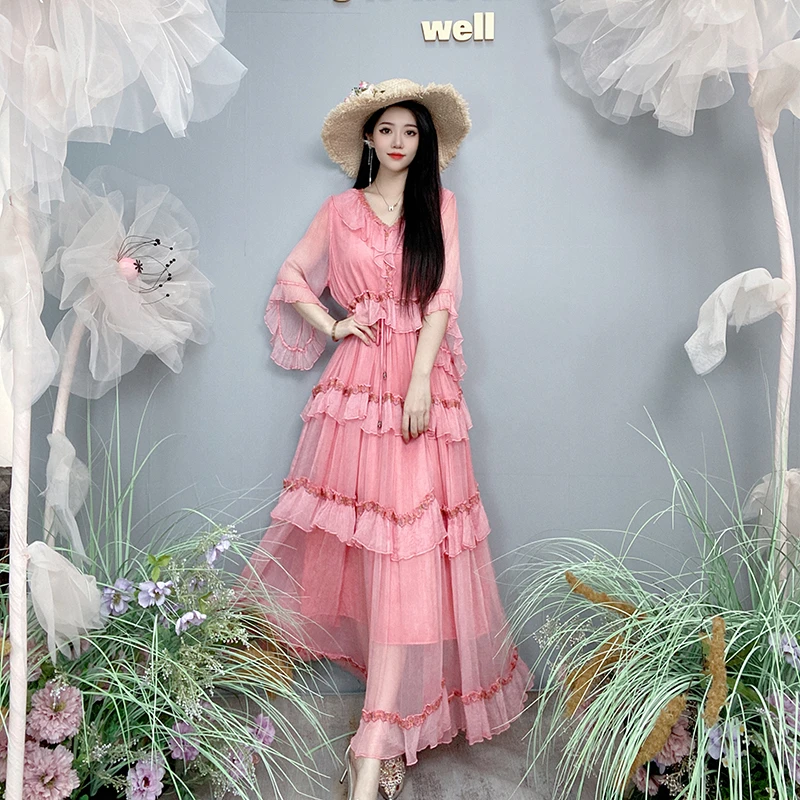 Bikamo/比卡陌秋季新层层裙桑蚕丝真丝连衣裙女时尚Y2313-2a粉色