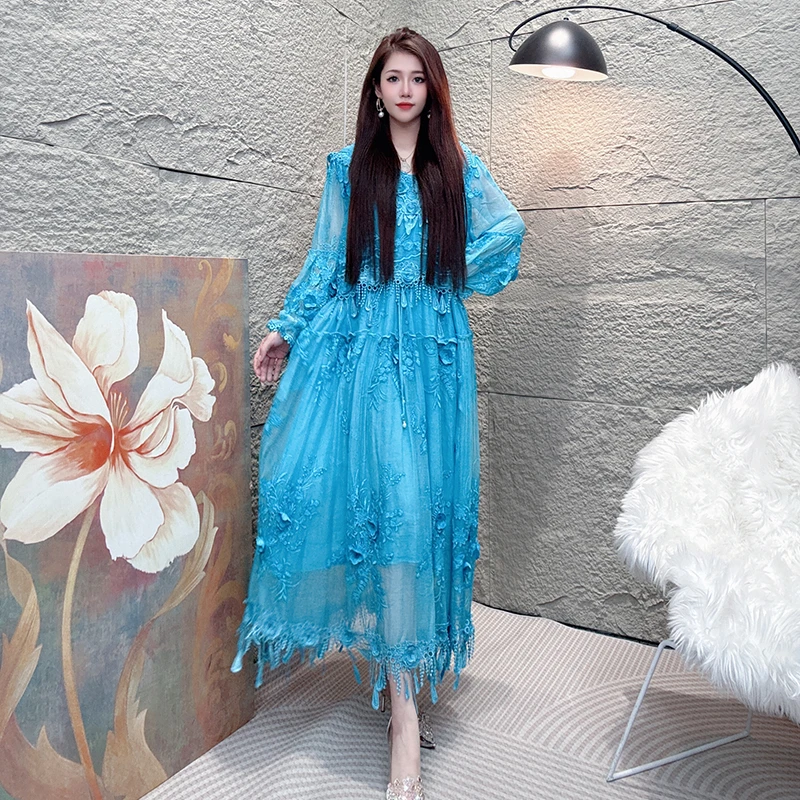 Bikamo/比卡陌夏季新款连帽刺绣真丝连衣裙女碎花长裙L8026-1蓝色