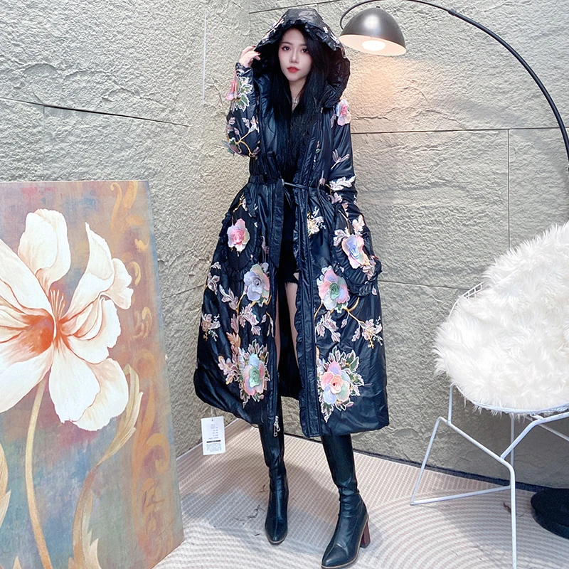 Bikamo/比卡陌冬季绣花连帽大码加厚保暖棉服女L89529-4黑色