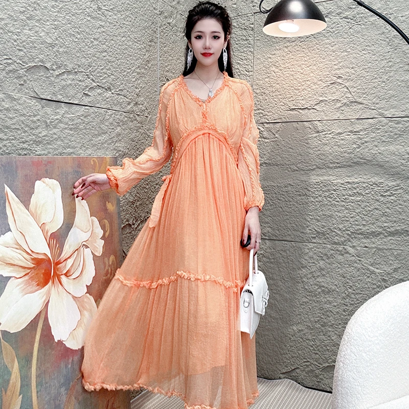 Bikamo/比卡陌真丝连衣裙女夏季新款长袖气质桑蚕丝裙子C0093橘色