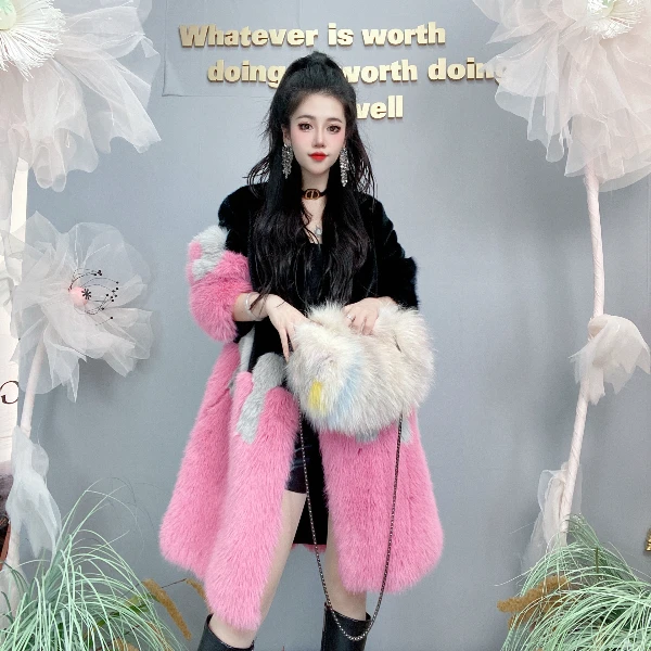 Bikamo/比卡陌冬季穿搭保暖皮外套女P0007黑拼粉