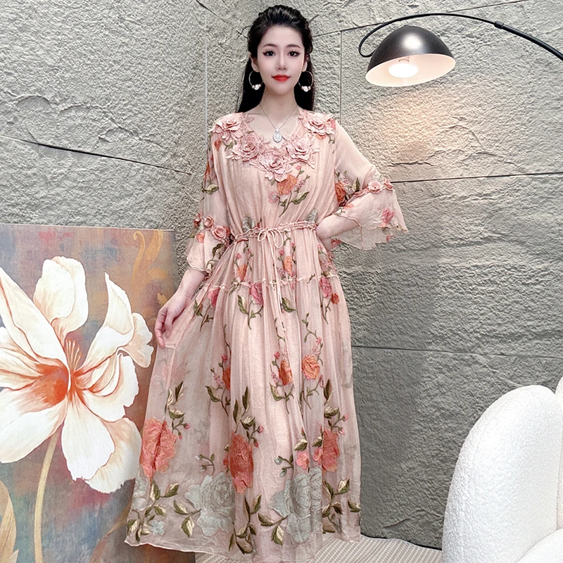 Bikamo/比卡陌夏季新款V领刺绣花收腰真丝连衣裙女L8015-1香槟色