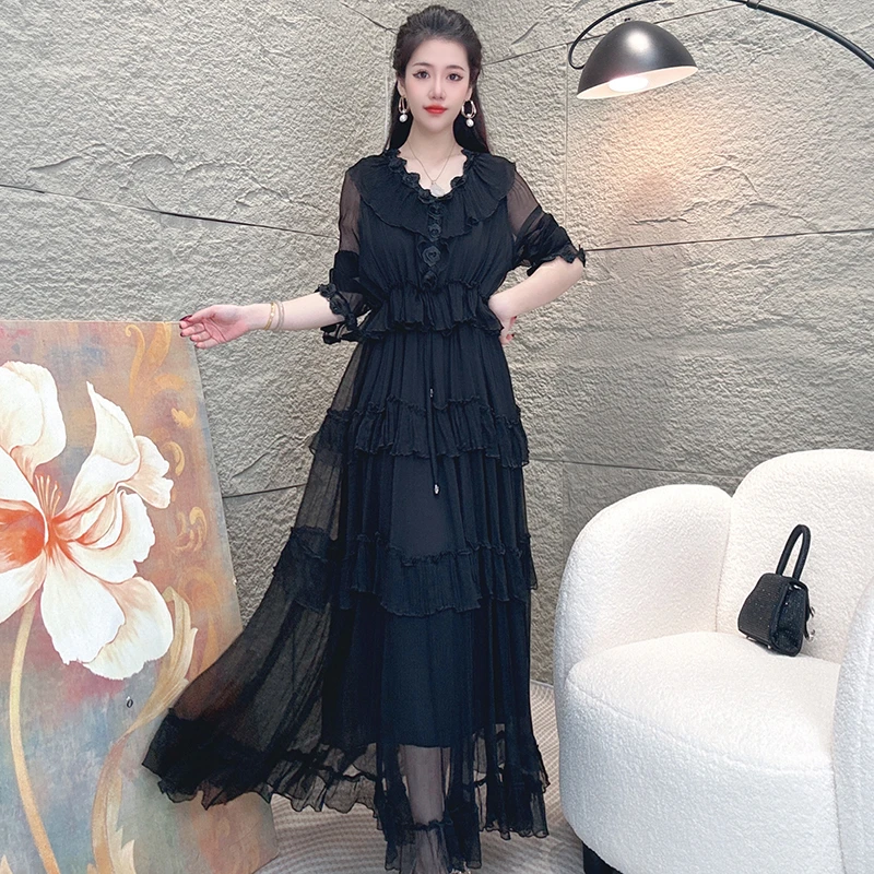 Bikamo/比卡陌夏季新款v领时尚刺绣花真丝连衣裙长裙子X2311黑色