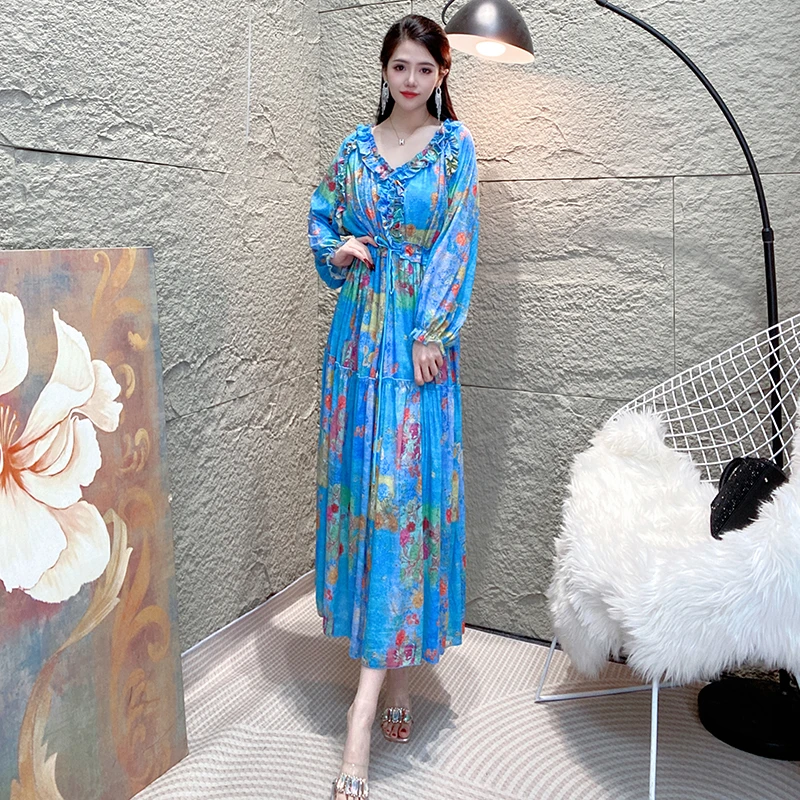 Bikamo/比卡陌秋季新款连衣裙轻奢洋气收腰显瘦毛织裙D0242蓝色