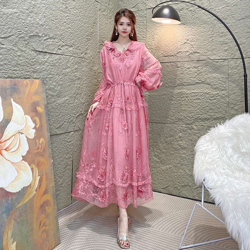 Bikamo/比卡陌2025新款桑蚕丝显瘦刺绣气质真丝连衣裙L89631粉色