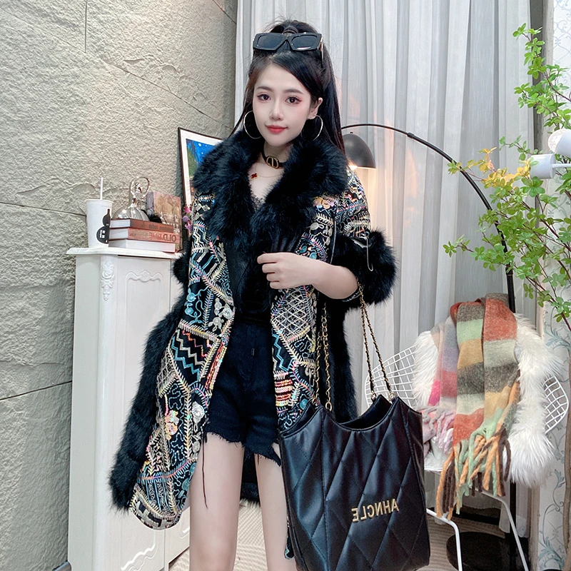 冬季时尚穿搭保暖亮片拼接皮草休闲外套女P0099黑色