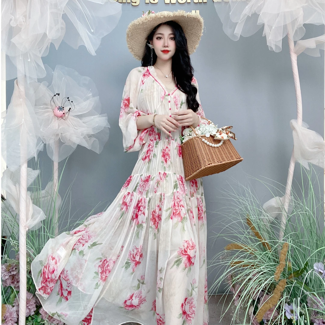 Bikamo/比卡陌 阔太太夏季通勤轻奢桑蚕丝真丝印花连衣裙Q030花色