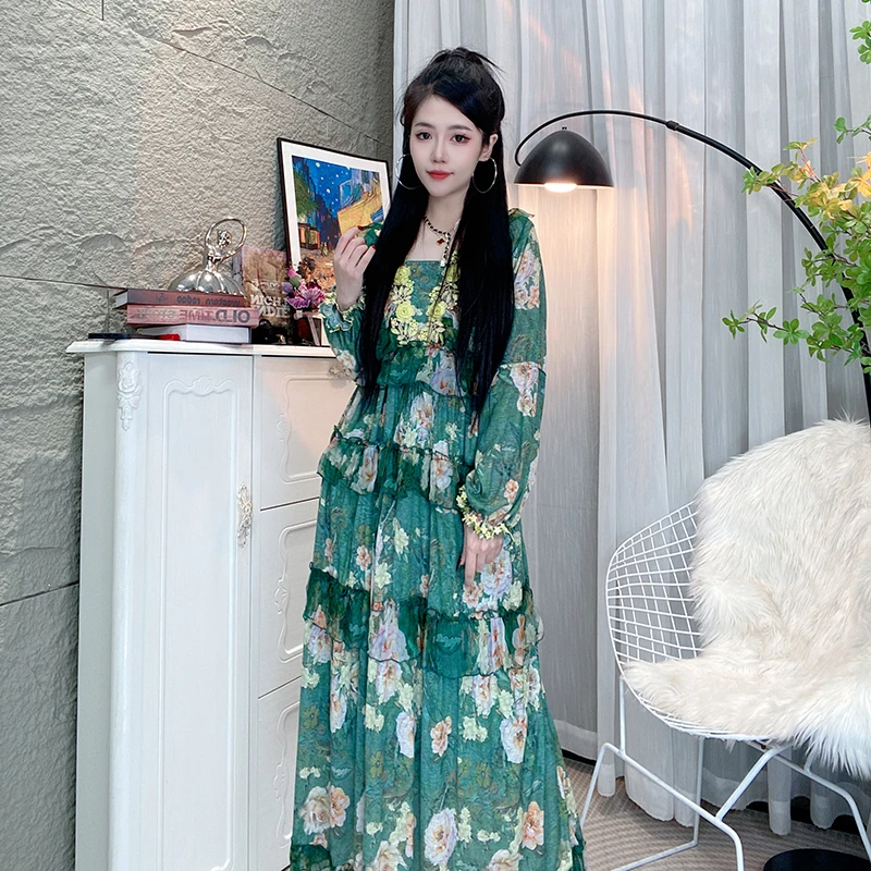 Bikamo/比卡陌早春新款长袖羊毛连衣裙花边刺绣蛋糕裙女D0255绿色