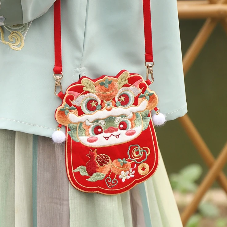 中国风龙年汉服包新年汉服配饰包包儿童款复古刺绣古风单肩斜挎包