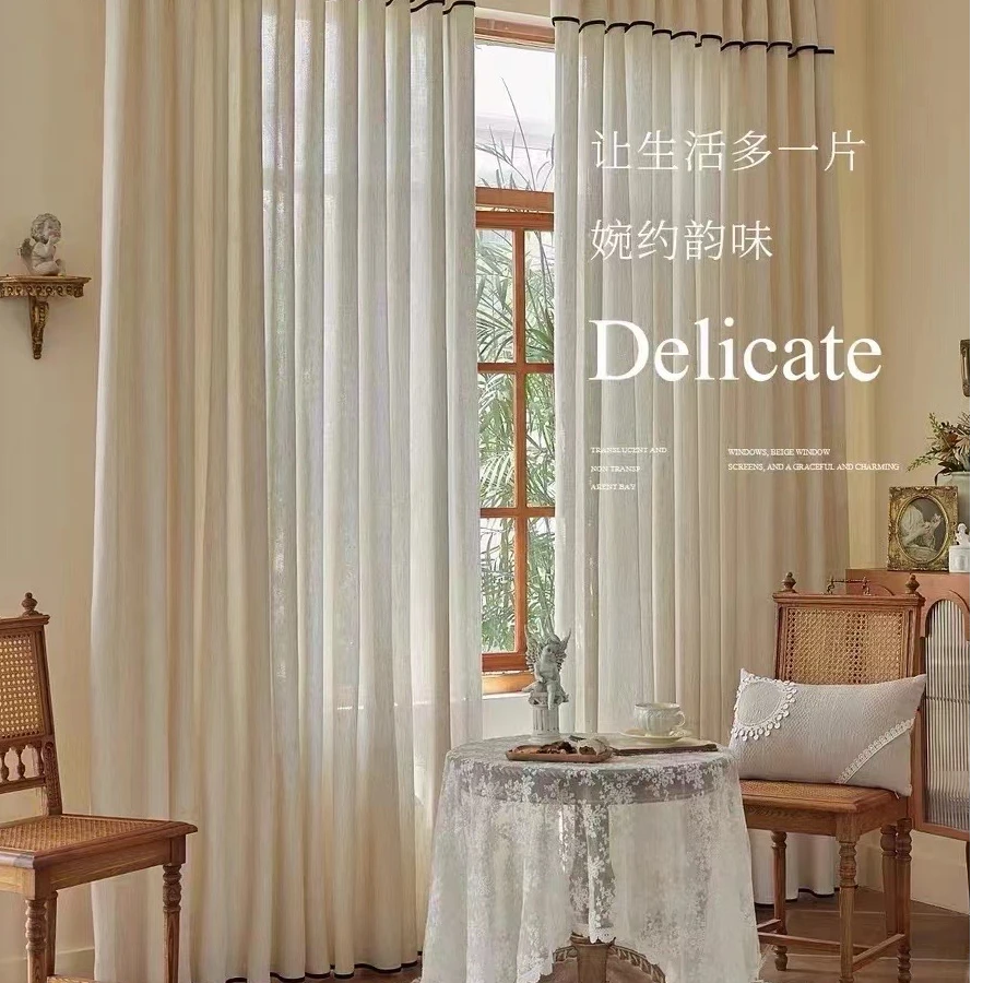 亚麻纱奶油花边法式复古客厅卧室阳台飘窗帘窗帘纱帘