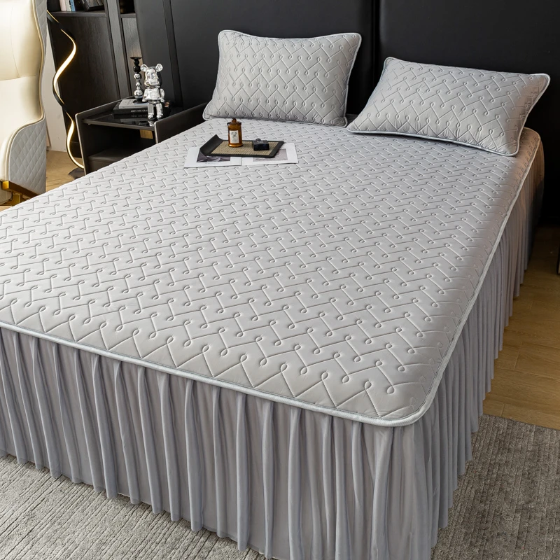 韩版公主风床裙款乳胶凉席三件套纯色凉感丝冰丝床垫款凉席3套件