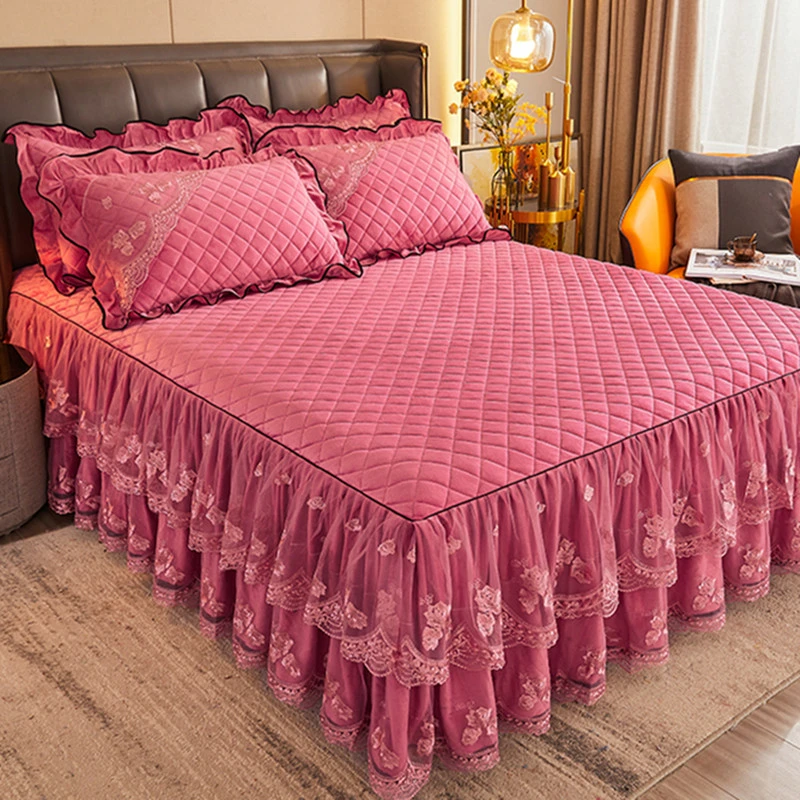 法式绒床裙夹棉加厚冬季保暖水晶绒床罩单件欧式蕾丝防滑床套床盖