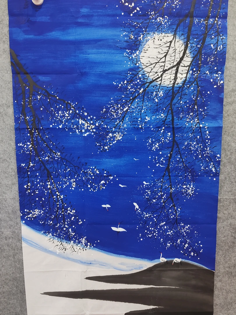 黄蓝底夜景 竖幅宣纸