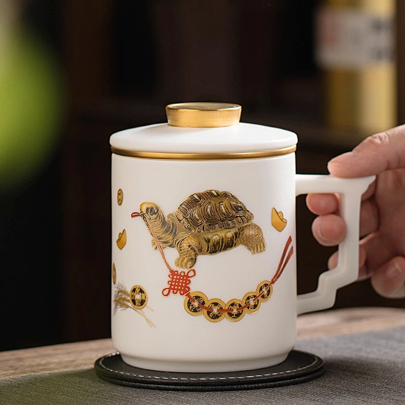 陶瓷办公杯定制高档会议杯玉瓷水杯茶水分离泡茶杯中式杯子
