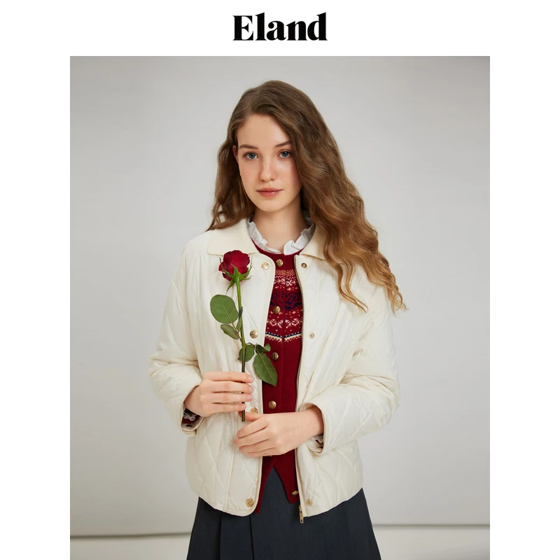 【商场同款新品】Eland衣恋棉服女毛织领学院风菱形格绗缝保暖外套