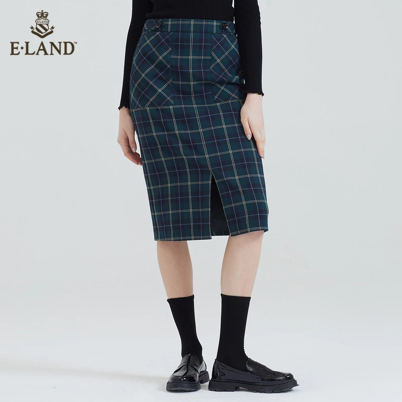 Eland衣恋洋气复古格纹前开衩高腰中长款半身裙女EEWHB8802I