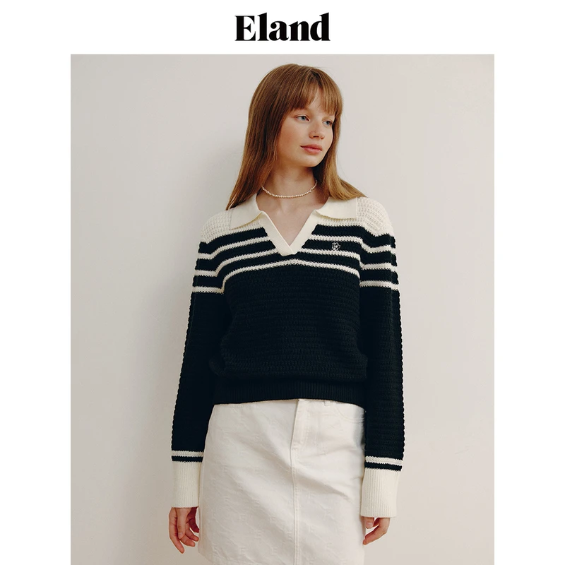 Eland衣恋针织上衣女秋季学院风翻领撞色针织毛衣女EEKWD38J02