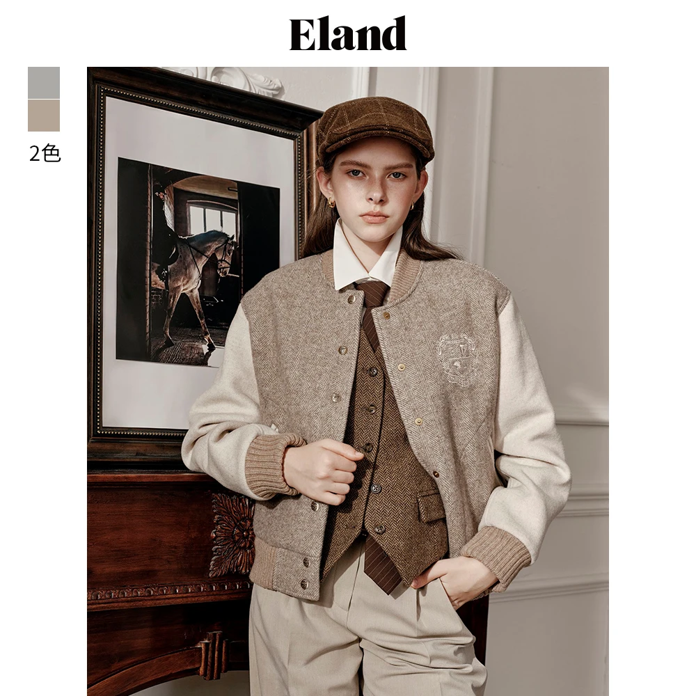 【商场同款新品】【92%绵羊毛】Eland衣恋人字纹运动风棒球夹克24冬季