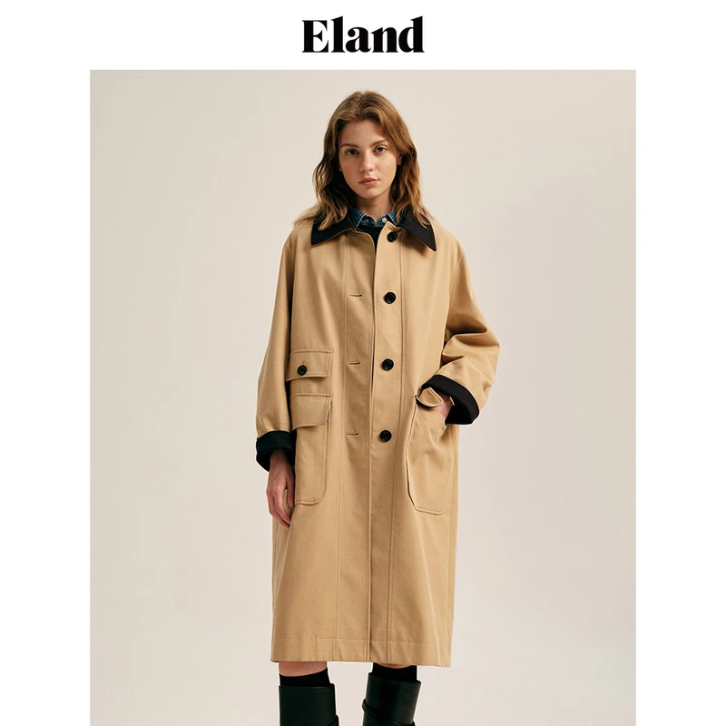 Eland衣恋秋季风衣外套复古学院风中长款撞色翻领新款EEJTD49J01