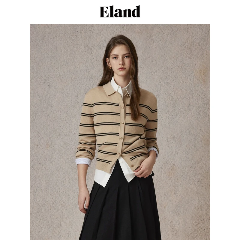 Eland衣恋毛针织衫女含绵羊毛柔软拼色条纹通勤开衫EECKE49R02