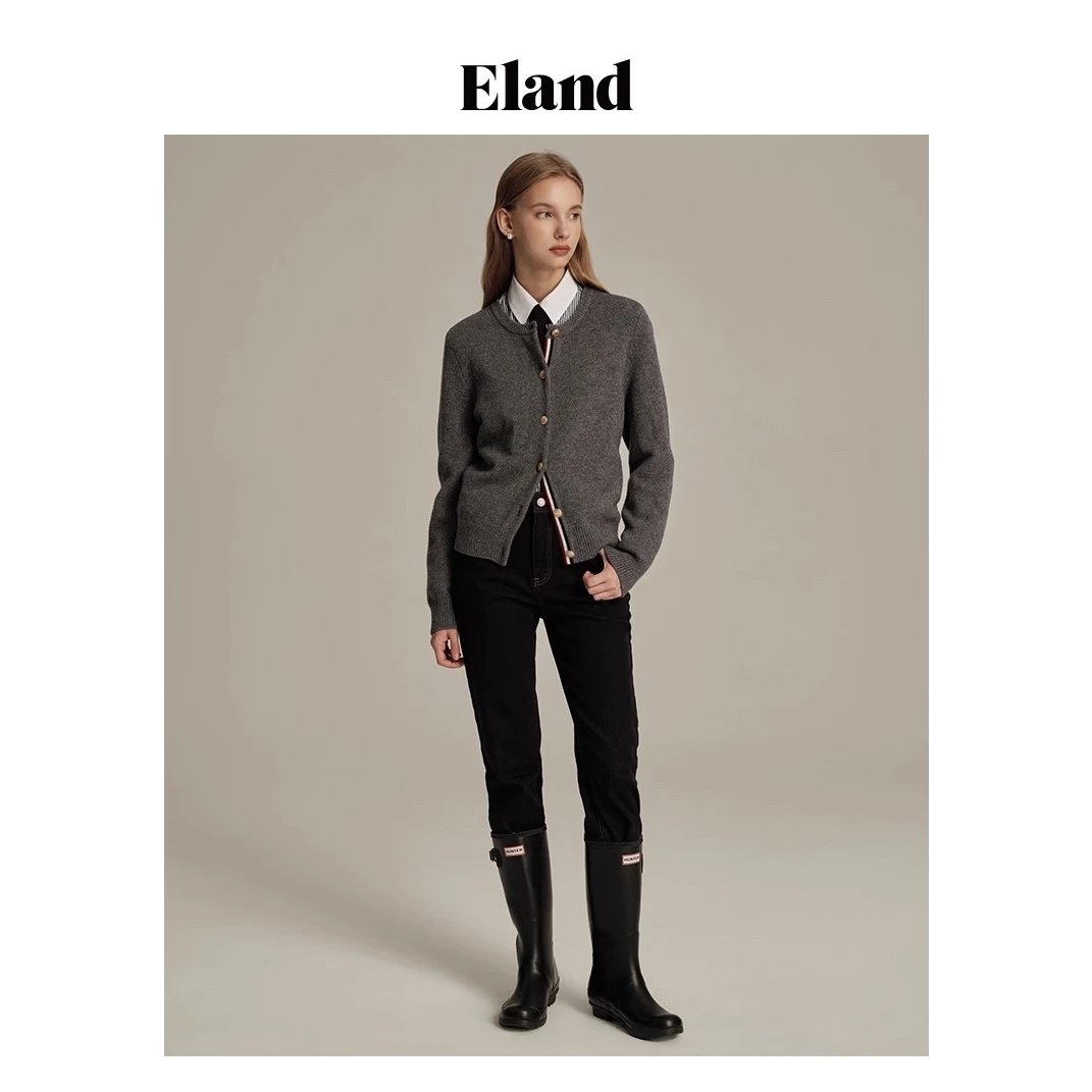 Eland衣恋针织衫开衫女100%绵羊毛排扣夹门襟EECKD4VT1I热力感